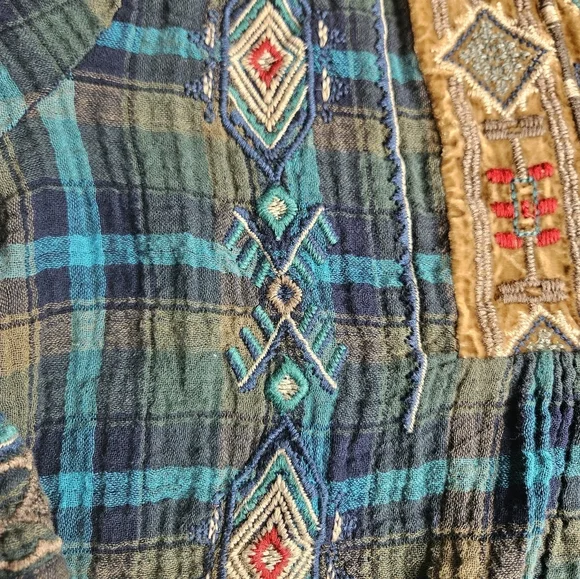 Johnny Was Workshop XL Blue Green Plaid Heavy Embroidery Aztec Western - Picture 4 of 16